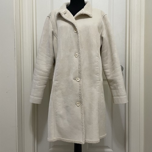 LL Bean Sherpa Lined Faux Suede White Shearling Jacket Women’s Petite Large - Picture 1 of 11