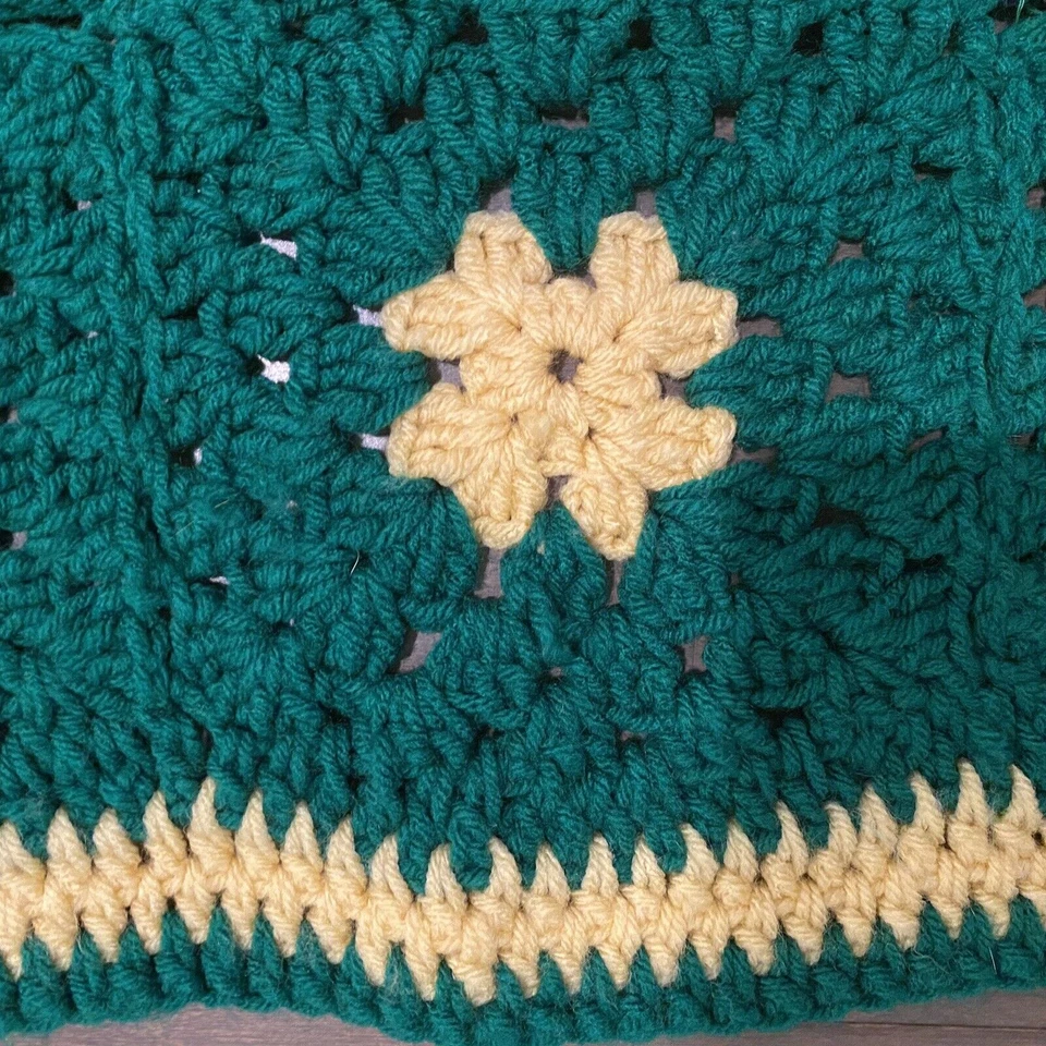 Handmade Crochet Afghan Blanket Granny Square Green Yelllow Boho Vintage Throw - Image 2 of 4