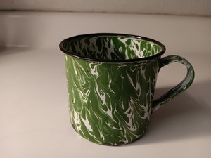 Antique Graniteware Green & White Swirl Mug Black Enamel Rim Camping Coffee Cup