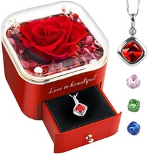 Valentines Day Box Gift Preserved Red Real Rose with Zircon Replaceable Necklace