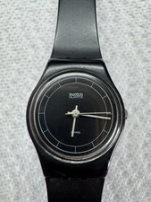 vtg 1984 Swatch Watch High Tech Womens 1980s Black White Hands Swiss UNTESTED