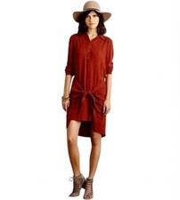 ANTHROPOLOGIE Maeve Bloomsbury Tie Front Shirt Dress Textured Rust Red Boho Sz 0