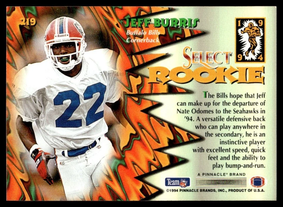 1994 Select Jeff Burris Rookie Buffalo Bills #219 - Image 2 of 2