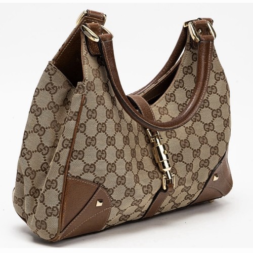 Gucci Jackie GG Canvas Hobo Handbag Brown Leather Trim Piston Lock