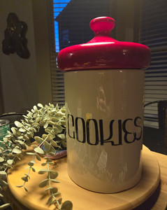 Ceramic Cookie Jar Canister "COOKIES" White w/ Red Lid, 16 oz Farmhouse