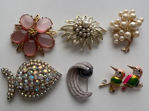 VINTAGE BROOCH PIN COSTUME JEWELRY LOT D GRIPOIX CORO ERWIN PEARL AB RS MCM 6pc