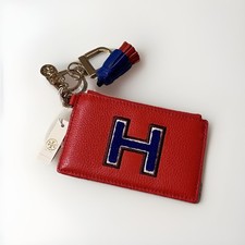 Tory Burch Orange Leather Card Case Keychain Fob Tassel H Patch Zip Pocket EUC