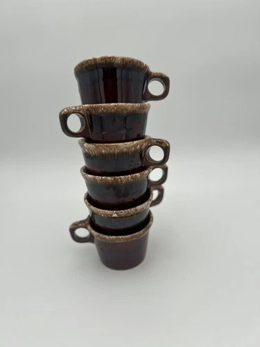Vintage Hull Pottery USA Brown Drip Glazed Coffee Mugs (Set Of 6) O Handle