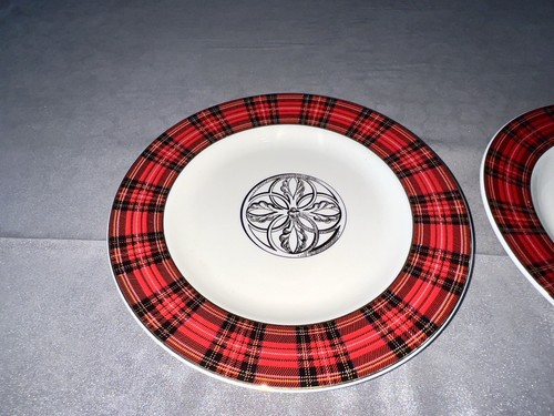 4 Rare Vintage Dessert Plates Carson Pirie red plaid gold trim,medallion design - Picture 4 of 10