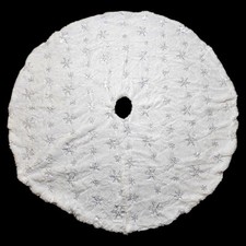 Plush White Faux Fur 46" Christmas Tree Skirt Silver Snowflake Round X-Mas Soft