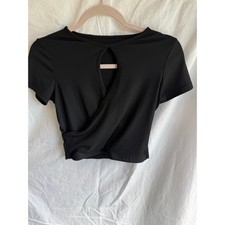 Dazy Black Ribbed Keyhole Cutout Wrap Hem Crop Top Short Sleeve Tee Womens Large