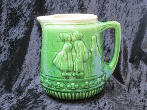 Brush McCoy #53 Dutch Boy & Girl Green Pitcher ca 1900's Near Mint Condition 7"