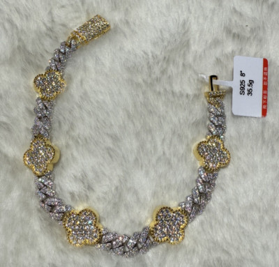 Moissanite Gold Clover Cuban Link Sterling Silver Bracelet, 8''