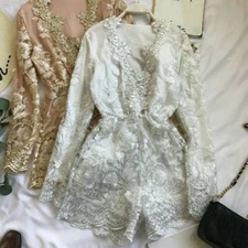 Women Lace Embroidery Jumpsuit Mesh Culotte Shorts Bodysuit Long Sleeve