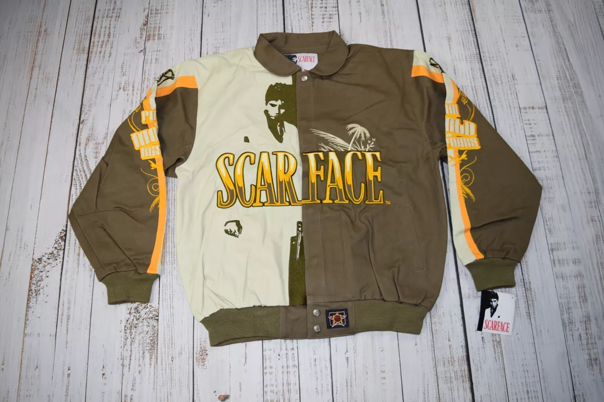 VERY RARE NWT VINTAGE JH DESIGN SCARFACE JACKET SNAP EMBROIDERED BROWN TAN LARGE