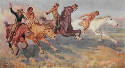 Charles A. Corwin, Cowboys Indians Horses Race 12x7 Sample Print VTG FREE SHIP