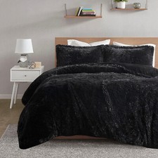 Intelligent Design Shaggy Fur Duvet Cover Set with Quilted Box Design- Black