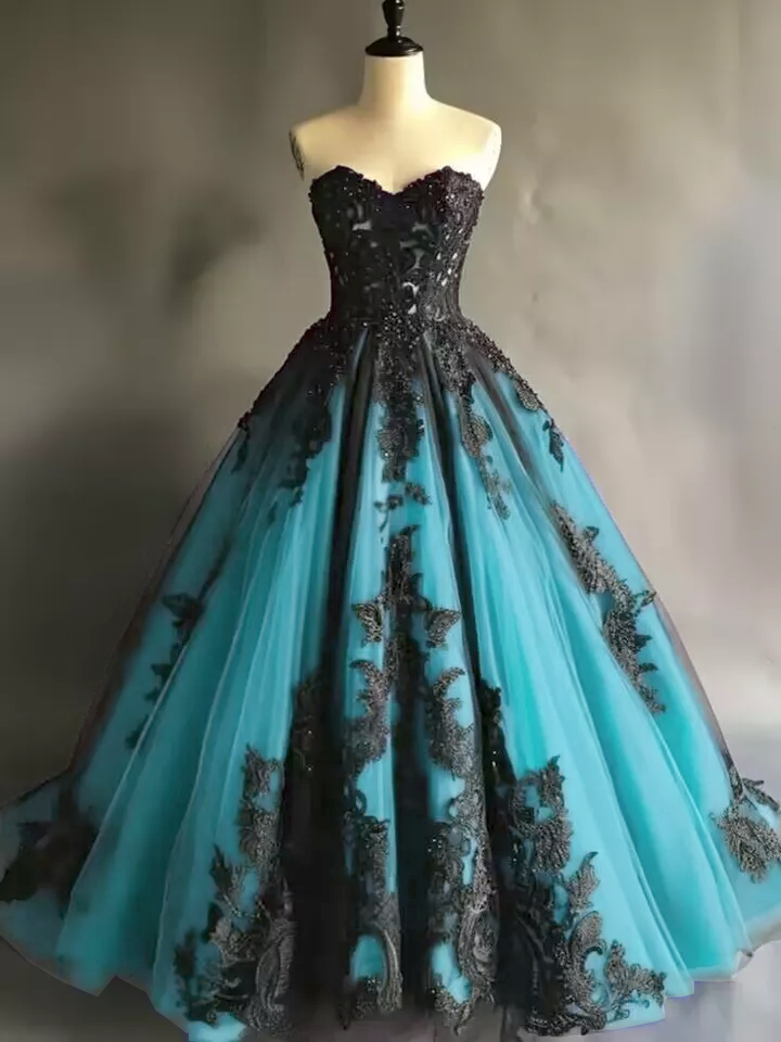 black and teal wedding dresses Gothic Strapless Lace Appliques Full Length Bridal Gowns Color:Striped Geo
