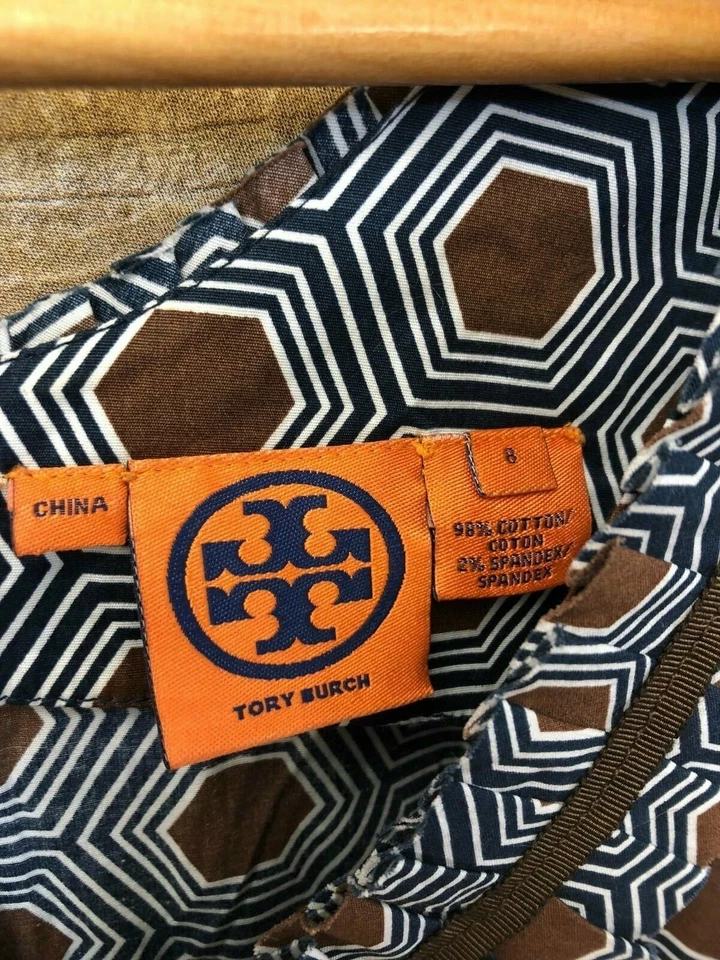 Женская майка Tory Burch размер 8 со складками спереди синяя коричневая на молнии сзади с геопечатью OA48 - Изображение 2 из 3