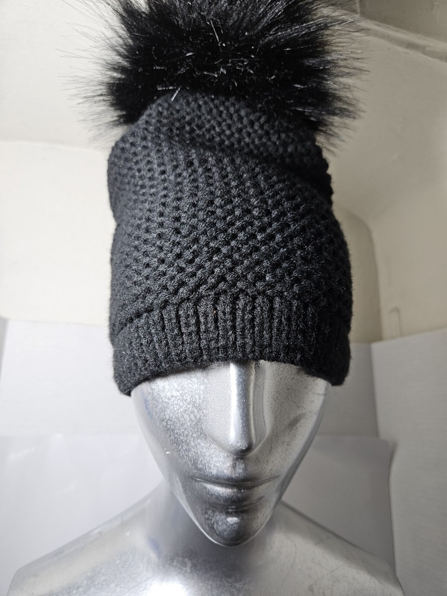 Kyi Kyi Canada Black Wool Blend Beanie Hat with Faux Fur Pom 