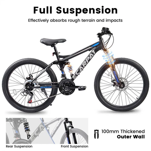 24 inch Mountain Bike 21 Speed Dual Disc Brakes Full Suspension Non-slip-Black - Picture 4 of 8