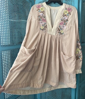 Free People Dress Womens Small Mia Velvet Beige Mini Embroidered Floral  Boho | eBay