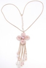 34" Rose Gold Plated Crystal Tasseled Pink Flower Pendant Necklace Snake Chain