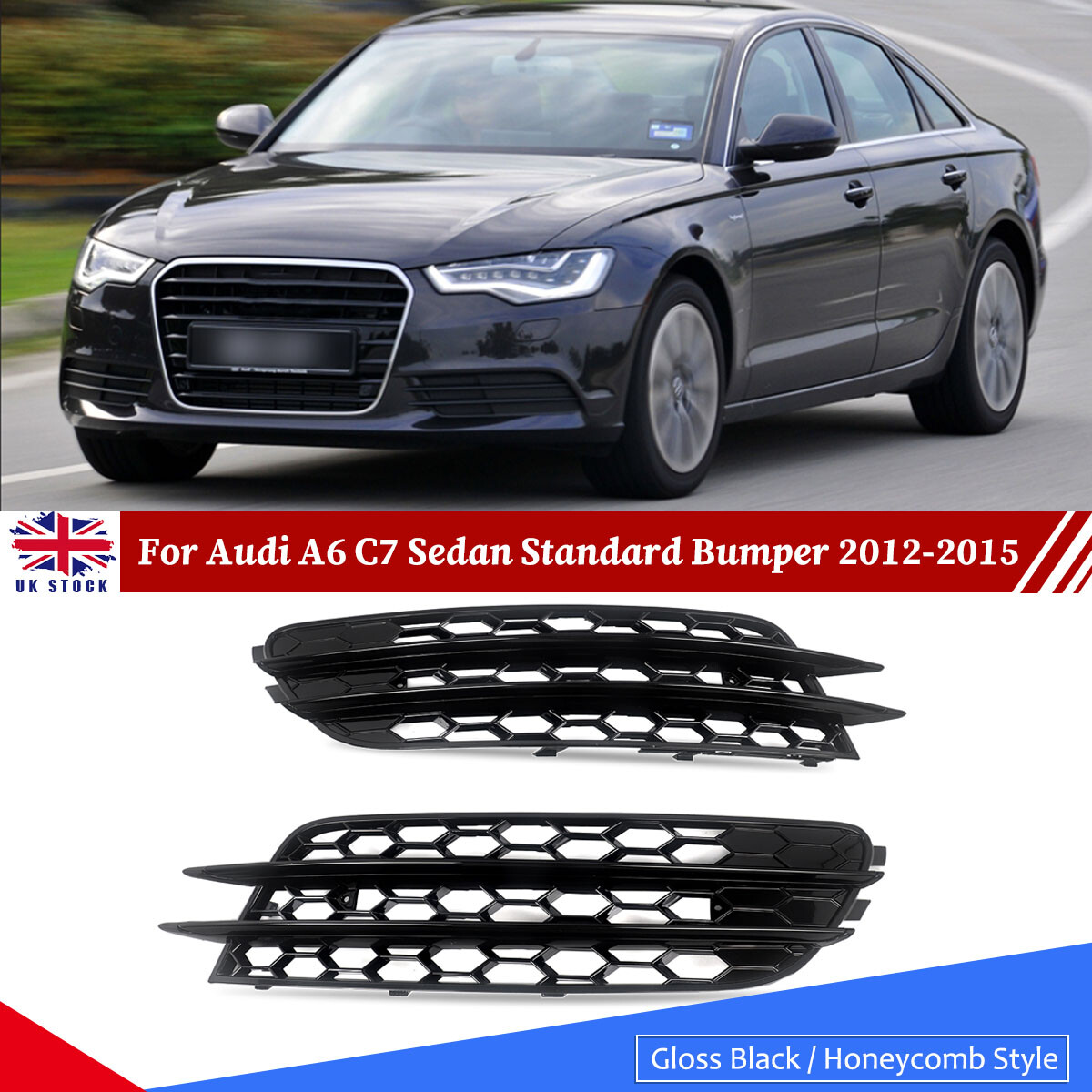 Pair Black Front Bumper Fog Light Lamp Cover Grille Grill For Audi A6 C7 2011-15