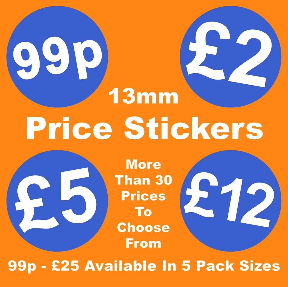 PRICESTICKERS 13mm Bright Blue Point Of Sale Retail Price Stickers Sticky Labels £1 £2 £5 £10