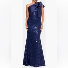 Betsy and Adam Navy Blue Bow Embroidered Sequin Sleeveless Gown Size 12