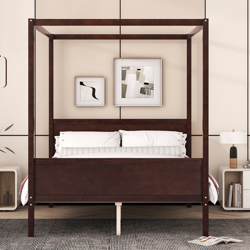 Queen Size Wood Canopy Bed Platform Bed Frames with Headboard Footboard Espresso