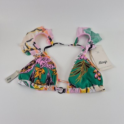 Maaji Tropical Floral Ruffle Triangle Bikini Top Green Multicolor Size M