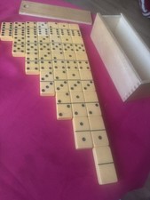 Vintage Dominoes Game Set of 28 thick with box. Celluloid butterscotch color.