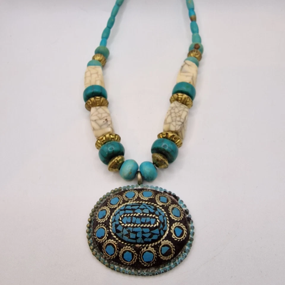 Collar TIBETANO NEPAL De Colección Turquesa Boho Étnico Tribal Declaración Grueso Babero Foto 3 de 4