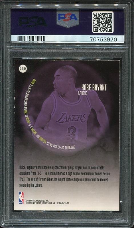 1996-97 Kobe Bryant Rookie Card Fleer Ultra All-Rookies #3 LA Lakers PSA 8 view 2
