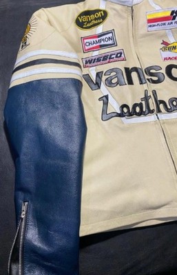 Vanson Leathers Racing Jacket Beige Blue Motorcycle Cafe Style Champion Sunoco