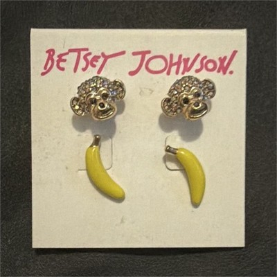 Betsey Johnson Gold Monkey Stud Earrings with Yellow Banana Drop Charms