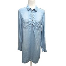 So Womens Long Sleeve 3/4 Button Lyocell Light Blue Denim Tunic Shirt Dress Sz M