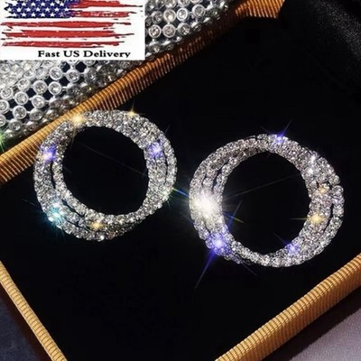 Women Jewelry Luxury 925 Silver Plated Hoop Earring Cubic Zircon Wedding A5