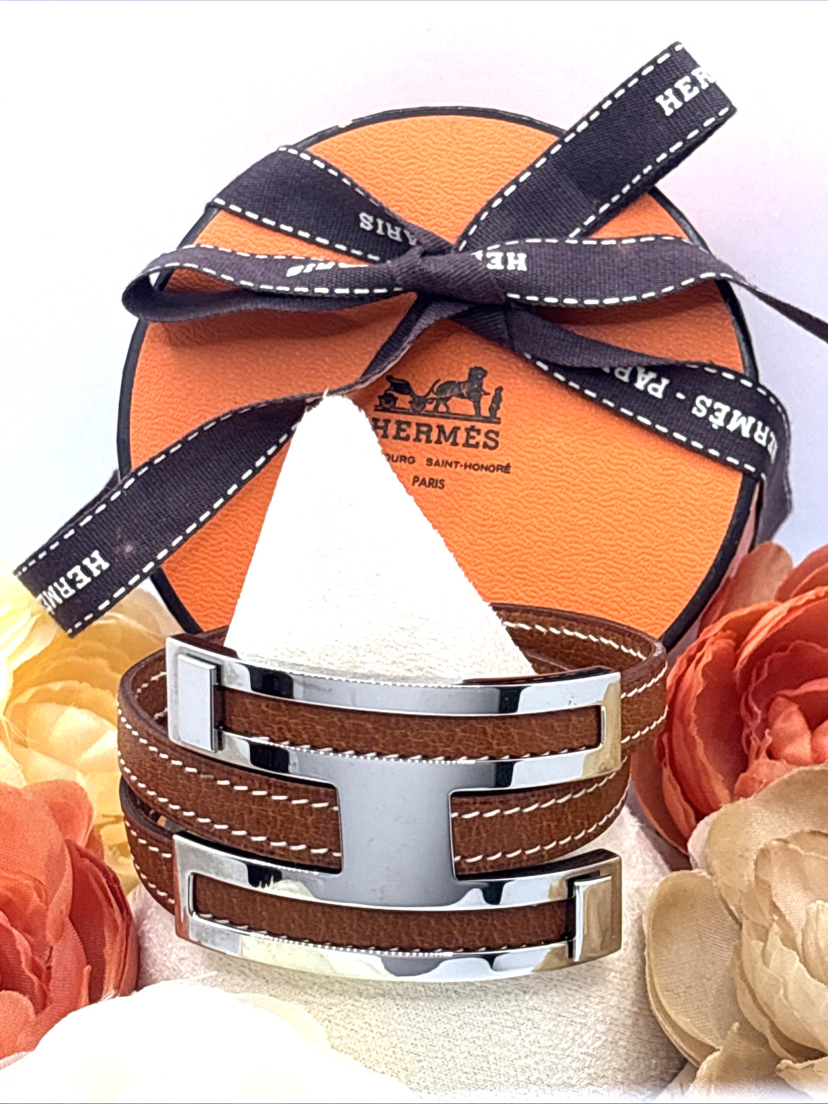 HERMES Pousse Pousse Silver Logo Double Wrap Bracelet Tan Brown Leather RARE image 2