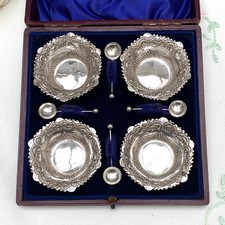 Set Of Four Antique Victorian Sterling Silver Salt Cellars & Spoons In A Box