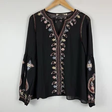 Anthropologie Love Sam Embroidered Top XS Black Semi Sheer Boho Fairy Grunge