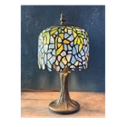 Vintage Tiffany Style Stained Glass Table Lamp Blue Green Mosaic Accent Light