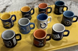 (10) NFL MINI CERAMIC MUGS/SHOT GLASS w/ Handles NFL Raised Logo 1 inch official
