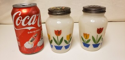 Fire King Anchor Hocking Tulip Salt & Pepper Shakers with Original Aluminum Lids