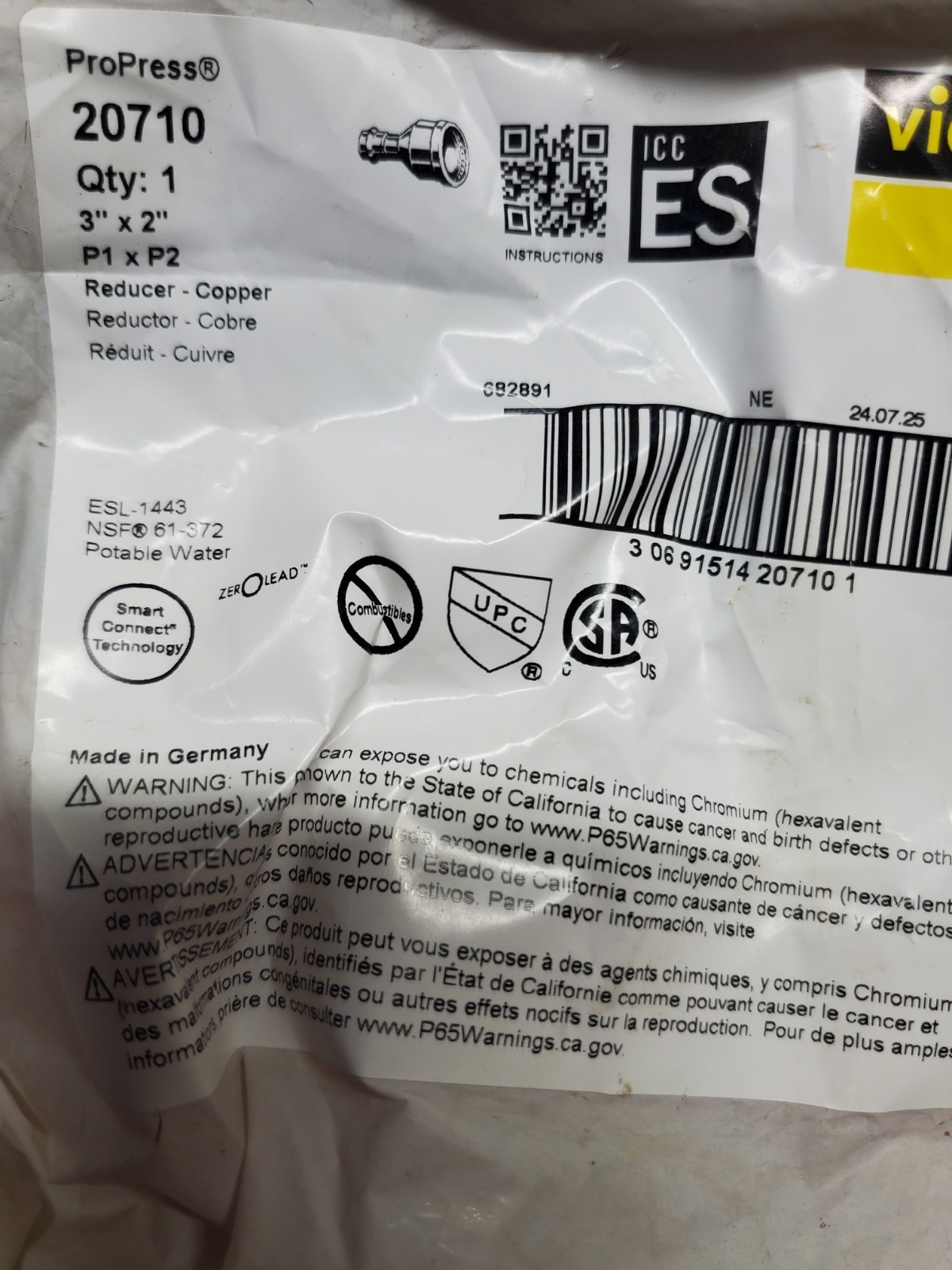 Viega 20710 ProPress XL Reducer 3" x 2". NEW IN BAG 3in x 2in Press Reducer