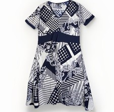 Marble Navy Geometric Patchwork Design Navy Shift Dress Lightweight Breezy Sz M