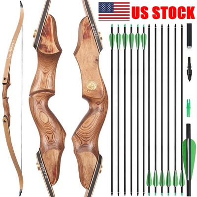 Archery 60'' Takedown Recurve Bow Carbon Arrow Adult RH Hunting Shoot Target Set
