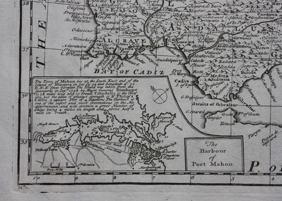 Antiguo mapa atlas ESPAÑA, PORTUGAL, ISLAS BALEARES, GIBRALTAR, E. Bowen 1747 Foto 4 de 4