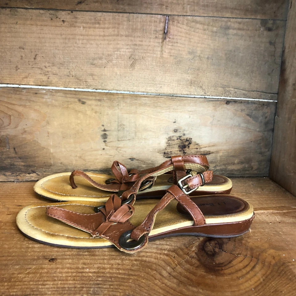 LL Bean женщин размер 7 M сандалии коричневый кожаный стринги на танкетке слинга туфли - Изображение 2 из 4